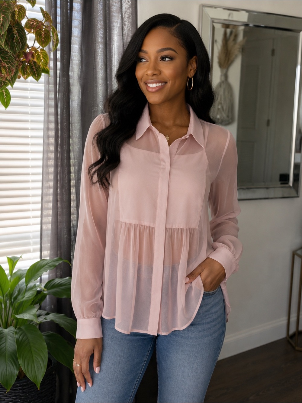 Lucky Brand Sheer Blush Button-Up Peplum Blouse